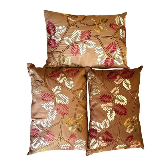 Pier 1 Pillows Embroidered Leaf Lumbar Set of 3 Couch Rectangular Brown Zipper - Picture 1 of 11